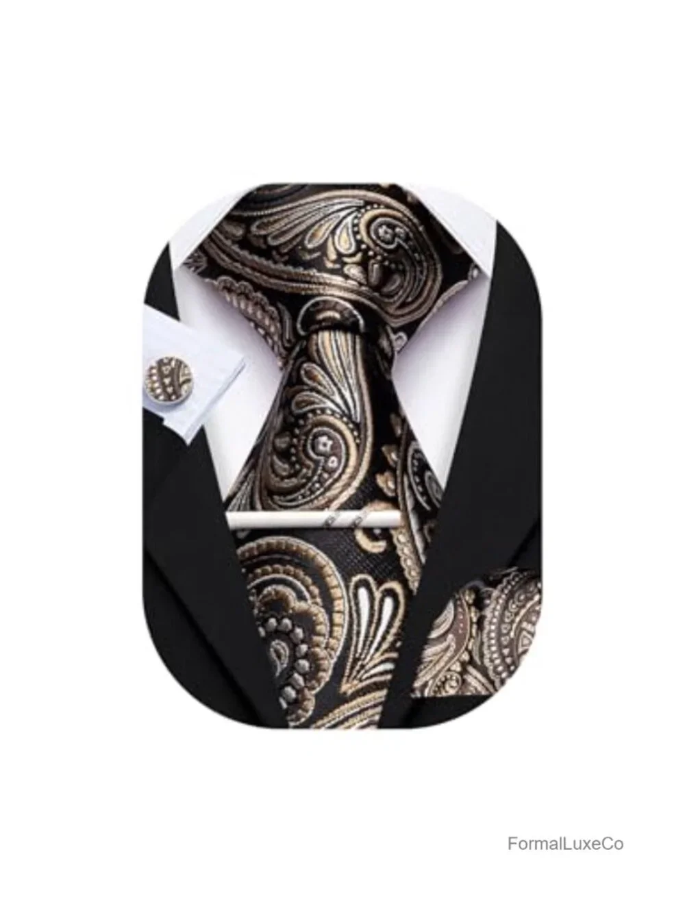 Men's Paisley Tie Set with Cufflinks, Tie Clip, Pocket Square - Formal Business
